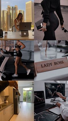 the collage shows images of women working on laptops and dancing in front of computers