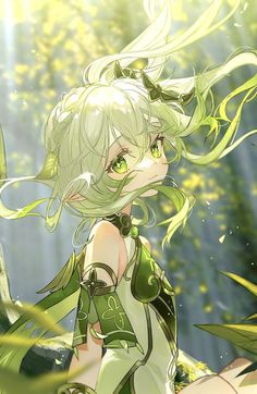 an anime character with green hair standing in front of some grass and sunlight shining down on her