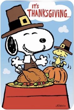 a snoopy thanksgiving card with a dog in a pilgrim hat on top of a turkey