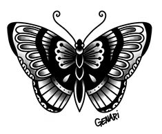 a black and white butterfly with the word genar on it's back side