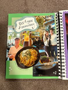 an open book with pictures of people and food