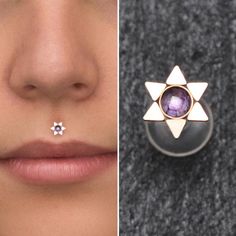 a woman's nose and nose piercings are shown in two different pictures, one with