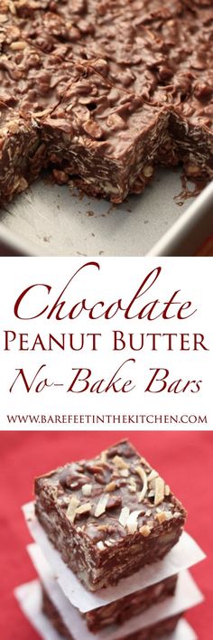 chocolate peanut butter no - bake bars are stacked on top of each other with nuts