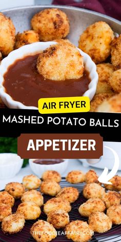 air fryer mashed potato bites appetizer with text overlay that says air fryer mashed potato bites appetizer