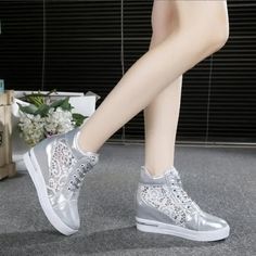 Eco-Friendly Silver Leather Wedge Platform Sneakers White Platform Sneakers, Women Platform Sneakers, High Heel Sneakers, Sport Shoes Women, Point Shoes, Retro Shoes, Leather High Heels, Pointed Toe Shoes, Fabulous Shoes