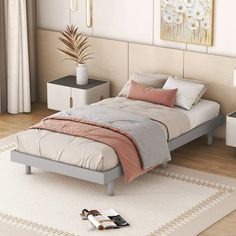 a bed sitting on top of a white rug in a bedroom