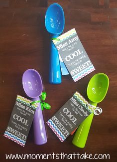 spoons and tags on a wooden table with the words cool in front of them