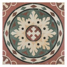 an artistic tile design in red, white and green colors with circles on the center