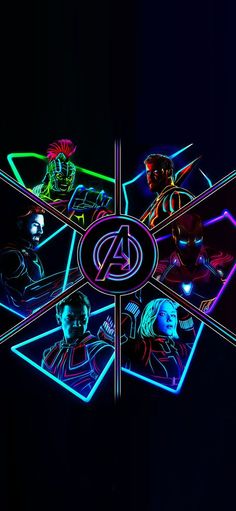 the avengers logo is shown in neon colors on a black background with other images around it