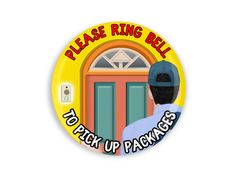 a button with the words please ring bell to pick up packages and an image of a man in front of a door