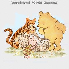 an image of a baby in a basket with a teddy bear and a tiger on it