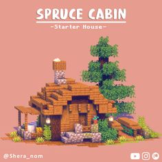 an image of a house made out of wood and rocks with the words spruce cabin on it