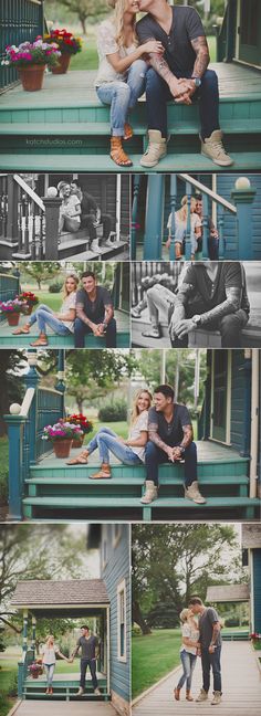 a man and woman sitting on top of each other in front of a blue house