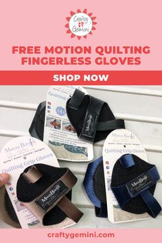 three pairs of fingerless gloves with the text free motion quilting fingerless gloves shop now