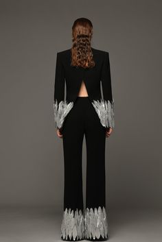 Description Black Top & Pants, Long dress Fitted, Long Sleeves V-Neck Crepe, Feather Dry Clean Made in Lebanon 600-4-41 Suit With Feathers, Jean Louis Sabaji, Sleek Dress, Fashion Design Dress, Dress Fitted, Silver Feather, White Feathers, Black Suits, Lebanon