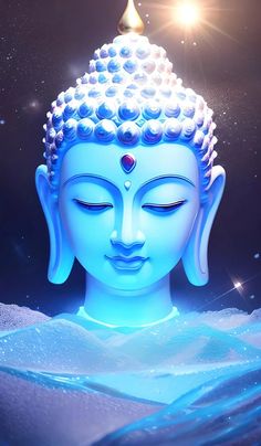 a blue buddha statue with its eyes closed in front of the sun and stars above it