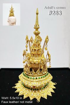 Made of non-metallic material. Gold color anceint jewelry for Thai /Khmer dancing costume. We made Thai patterned with rice flour clay molding and paste on the faux leather structure then painted and cover with gold leaf and decorated with imitation rhinestone, small pieces of glass. Size: #283 Adult crown : diameter 5.5 inches x height 10 inches, Weight: 0.5 Ib #284 Kid's crown : diameter 4 inches x height 7.5 inches, Weight: 0.3 Ib #342 Adult crown : diameter 5 inches x height 4.5 inches, Weig Flour Clay, Thai Outfits, Thai Pattern, Clay Moulding, Crown Tiara, Ancient Designs, Thai Art, Hair Jewelry Wedding, Ancient Jewelry