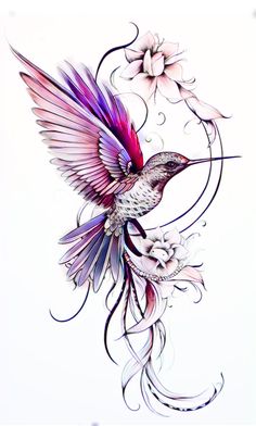 a drawing of a hummingbird with flowers on it's back and wings flying in the air