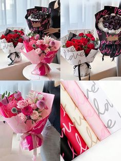 four pictures of different bouquets of flowers in pink, red and white colors with the words love written on them