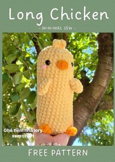 a crocheted cell phone case with an image of a chicken on it and the text, long chicken minimal sew