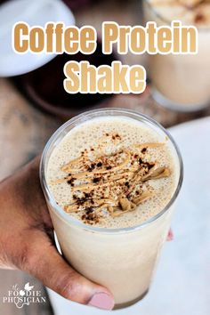 coffee protein shake in a glass with cinnamon on top and the words, coffee protein shake