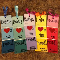 four bookmarks with hearts and words on them