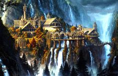 an artistic painting of a castle in the middle of a waterfall with trees on it