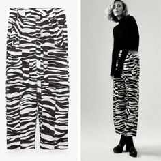 Zara Studio Pants Zebra Print Fluid High Rise Printed Pants. Side Pockets. Front And Back Patch Pockets. Front Zip, Button, And Metal Hook Closure. Printed New With Tags Viscose 100% Small Xsize Waist Flat 13.5” Inseam 27.5” Rise 10.95 Chic Black Straight Cargo Pants, Trendy Black Summer Cargo Pants, Chic High-waisted Black Cargo Pants, Chic High Waist Black Cargo Pants, Casual Zebra Print Bottoms For Summer, Casual Zebra Print Summer Bottoms, Casual Wide Leg Bottoms With Zebra Print, Spring Wide Leg Zebra Print Bottoms, Spring Wide Leg Zebra Print Pants