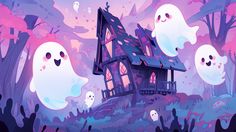 two ghost houses in the middle of a forest with pink and blue sky behind them