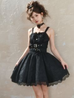 Get ready to turn heads in this stunning black high-waist dress featuring heart-shaped buttons and a charming bowknot. The buckle straps add a touch of edginess to the elegant design, while the lace trim brings a delicate, feminine touch. This high-quality dress is designed to accentuate your figure and exude a graceful and slender aura.  Please note that this product includes only the dress.  Garment Size   	 		 			Size 			S 			M 			L 		 		 			Full Length 			80.5 			82.5 			84.5 		 		 			Bust Black Gothic Dress With Adjustable Straps, Gothic Halloween Mini Dress With Lace Trim, Black Gothic Suspender Sleeveless Dress, Black Gothic Mini Dress With Lace Trim, Gothic Spring A-line Mini Dress, Steampunk Fashion Female, Delicate Feminine, Steampunk Fashion Male, Gothic Skirts