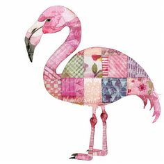 a patchwork pink flamingo standing on its hind legs