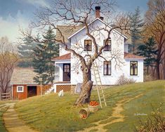 a painting of a white house with a tree in the foreground and a ladder up to it