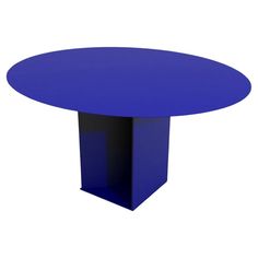 a round blue table with two black pedestals on the top and bottom, against a white background