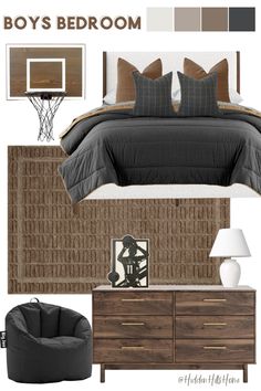 a bedroom is shown with brown and gray decor, including a bed, chair, basketball hoop