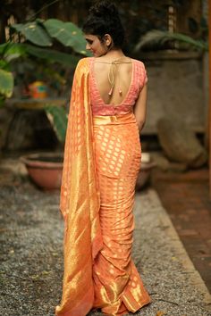 Banarasi Chiffon Saree, Orange Saree, Light Salmon