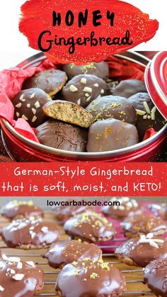 chocolate covered honey gingerbreads in a red tin with text overlay