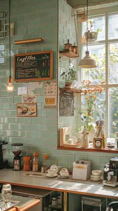 a coffee shop with green tile walls and windows