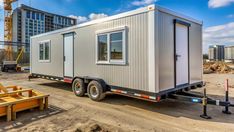 a tiny house sits on the ground in front of a construction site with other buildings