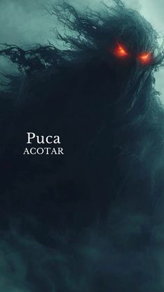 the poster for puca acotar is shown with red eyes and long hair