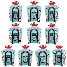 twelve blue and red jukeboxs with musical notes on them