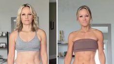 two pictures of a woman in grey top and white shorts, one is showing off her toned stomach