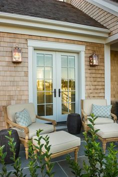 an advertisement for french doors in front of a house