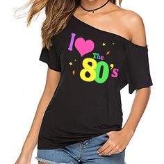 PRICES MAY VARY. 【Fashion Design】This t-shirt boasts a simple style,blending a pure black basic top with a neon,pink cute and funny lip print pattern,showcasing a blend of classic and modern fashion elements.The one shoulder design adds a touch of low-key glamour to its youthful and lively look, also exuding a hint of sexiness,perfect for those who love to express their individual style. This design is both casual and fashionable, making it a versatile costume piece. 【Features】It is a solid colo 80s Tops, I Love The 80s, 80s Tshirts, 80s Disco, Y2k Outfit Ideas, 80s Shirts, Outfits Y2k, Retro Party, Design Geometric