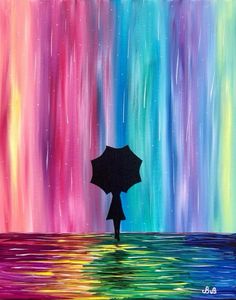 a painting of a person holding an umbrella in front of the aurora bore, which is brightly colored