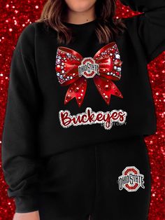 Ohio State/DTF Transfer/Black Gildan Crewneck/Black Gildan Joggers Rhinestone Bow, Ohio State Buckeyes, Ohio State, Jogging, Ohio, Sweat Shirt, Gender Neutral, Art Collection, Crew Neck