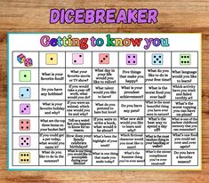 a diceboard with words that say, dicebreaker getting to know you