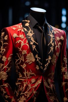 Poppy flower inspired suit Gold Suit, Stylish Mens Suits, Mens Wedding Attire, Illustration Fashion Design