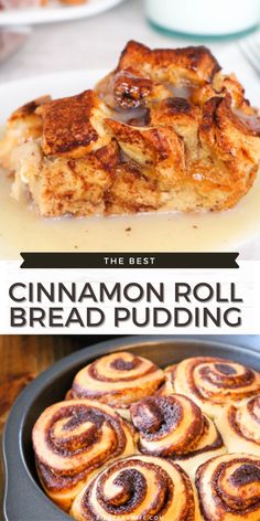 cinnamon roll bread pudding in a cast iron pan