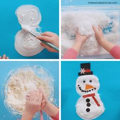 four pictures showing the process of making snowmen with plastic bags and cotton balls, then using foam to make a snowman