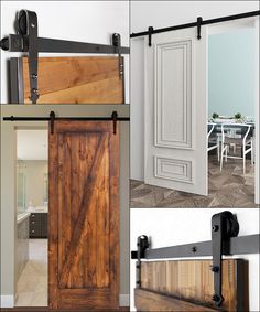 several pictures of different types of sliding doors and hardwares in various stages of installation